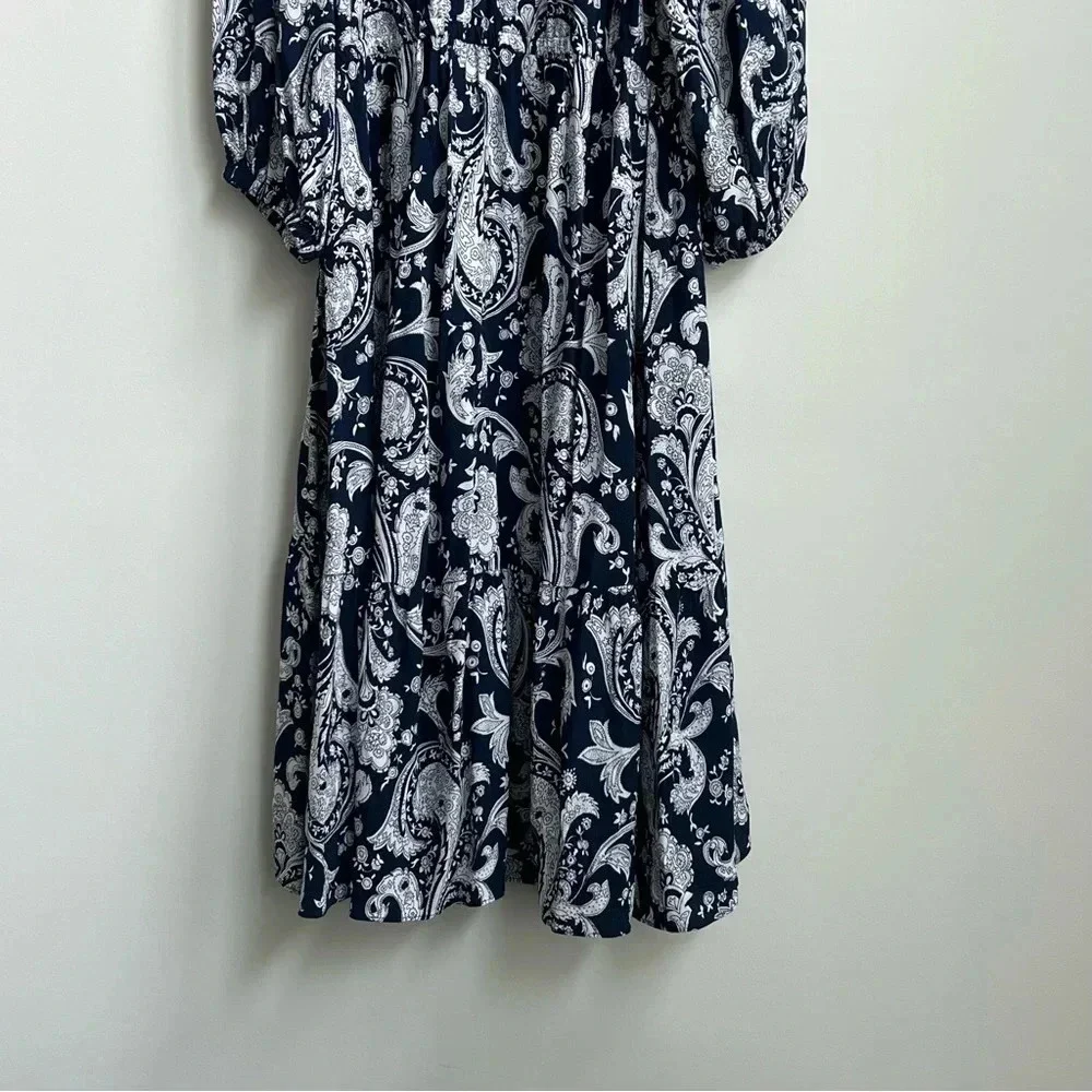 TALBOTS FLOUNCE HEM MIDI DRESS IN BLUE/WHITE PAISLEY 3X Tiered Modest Workwear - Picture 11 of 12